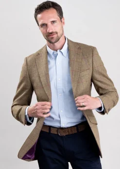 Lowick Tweed Jacket - Olive Herringbone with Red and Aubergine Overcheck