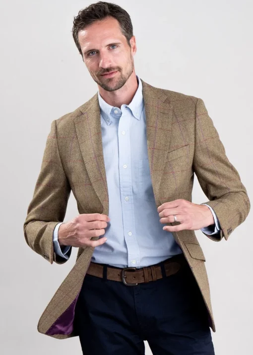 Lowick Tweed Jacket - Olive Herringbone with Red and Aubergine Overcheck