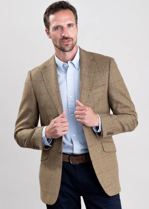 Lowick Tweed Jacket - Olive Herringbone with Red and Aubergine Overcheck