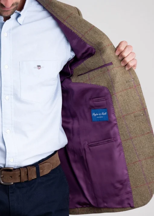 Lowick Tweed Jacket - Olive Herringbone with Red and Aubergine Overcheck