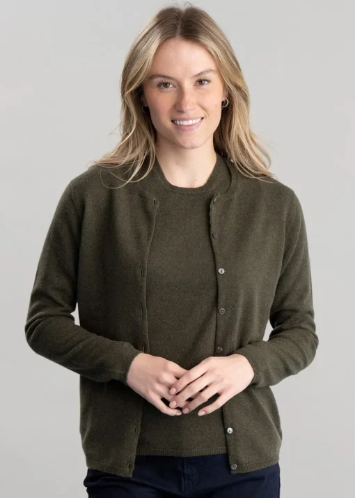 Millie Cashmere High Button Cardigan - Loden Mix