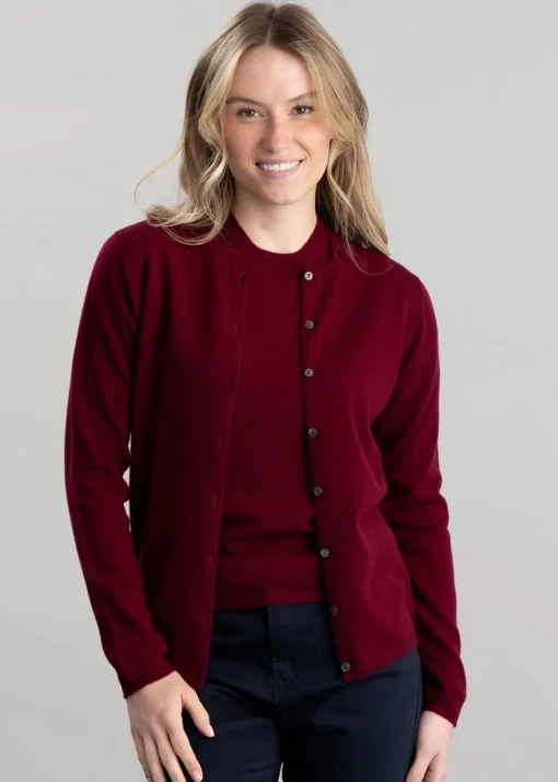 Millie Cashmere High Button Cardigan - Claret