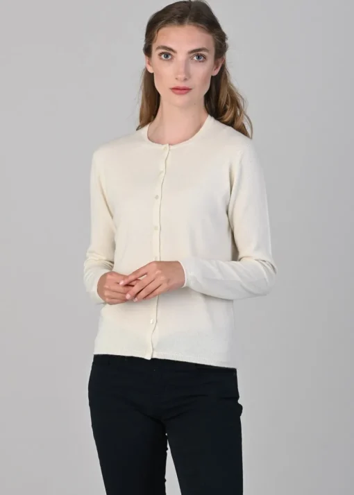 Millie Cashmere High Button Cardigan - White Undyed