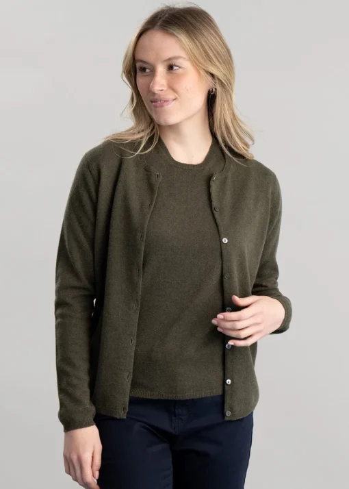 Millie Cashmere High Button Cardigan - Loden Mix