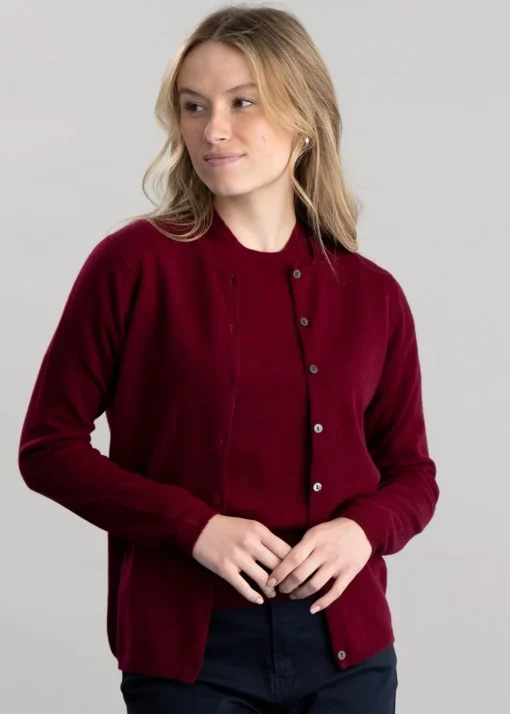 Millie Cashmere High Button Cardigan - Claret