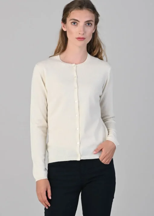 Millie Cashmere High Button Cardigan - White Undyed