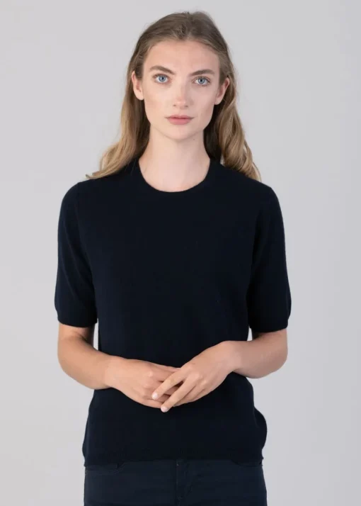Millie Cashmere Short Sleeve Crew - Navy
