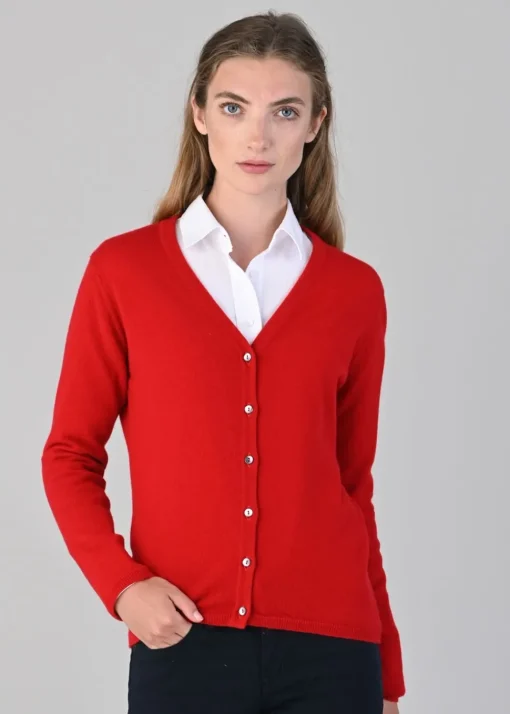 Millie Cashmere Vee Cardigan - Cardinal