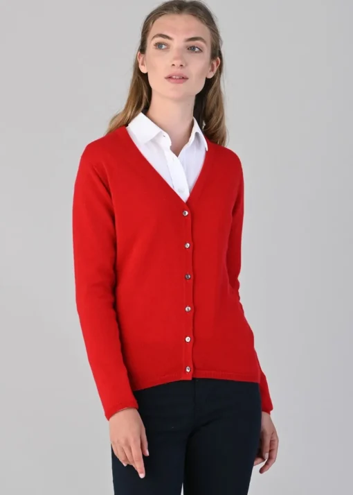 Millie Cashmere Vee Cardigan - Cardinal