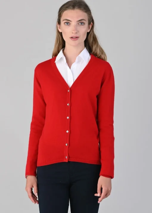 Millie Cashmere Vee Cardigan - Cardinal