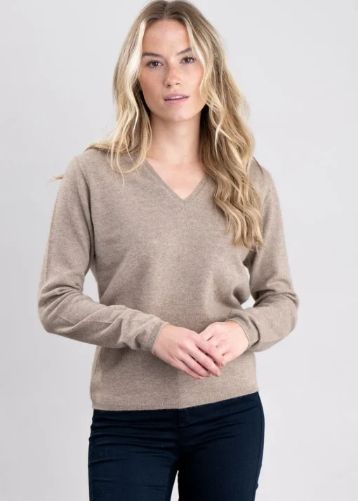 Millie Cashmere Vee Neck - Dark Natural