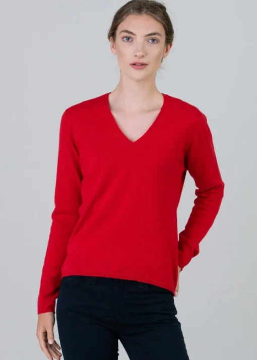 Millie Cashmere Vee Neck - Cardinal