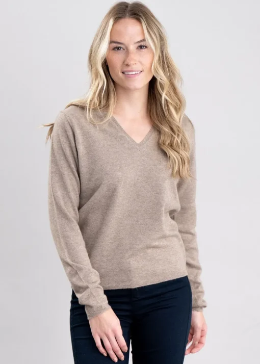 Millie Cashmere Vee Neck - Dark Natural
