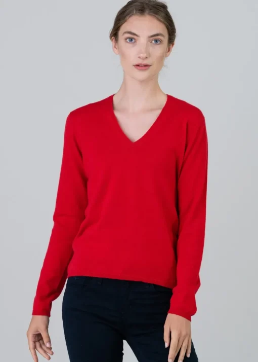 Millie Cashmere Vee Neck - Cardinal