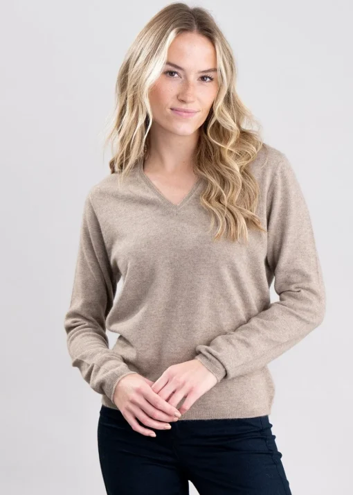 Millie Cashmere Vee Neck - Dark Natural