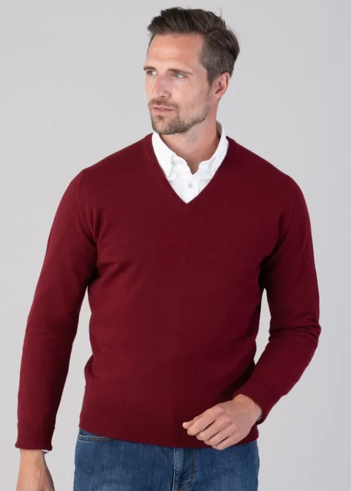 Oxton 1 Ply Cashmere V-Neck - Claret