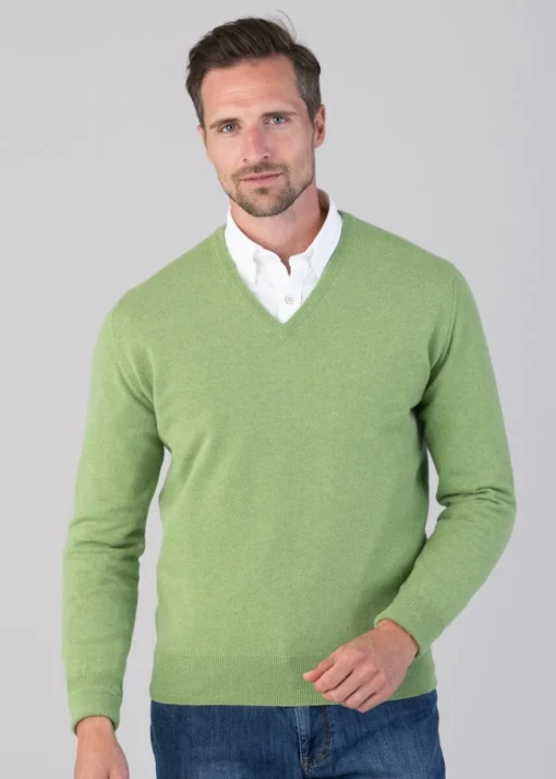 Oxton 1 Ply Cashmere V-Neck - Foliage