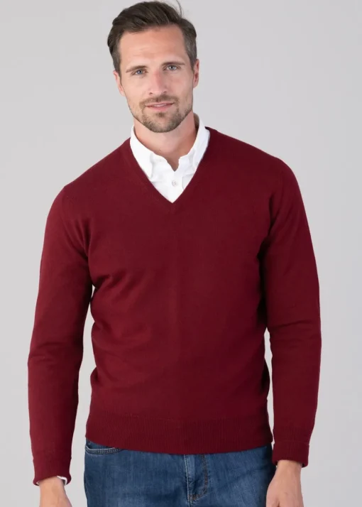 Oxton 1 Ply Cashmere V-Neck - Claret