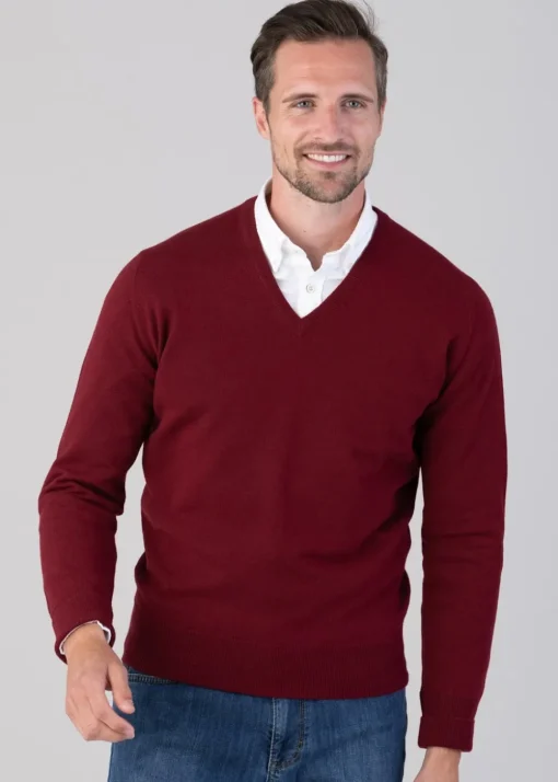 Oxton 1 Ply Cashmere V-Neck - Claret