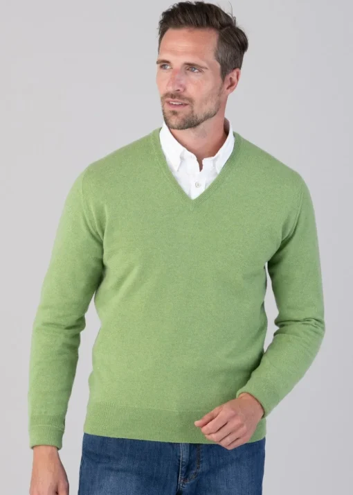 Oxton 1 Ply Cashmere V-Neck - Foliage