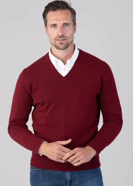 Oxton 1 Ply Cashmere V-Neck - Claret