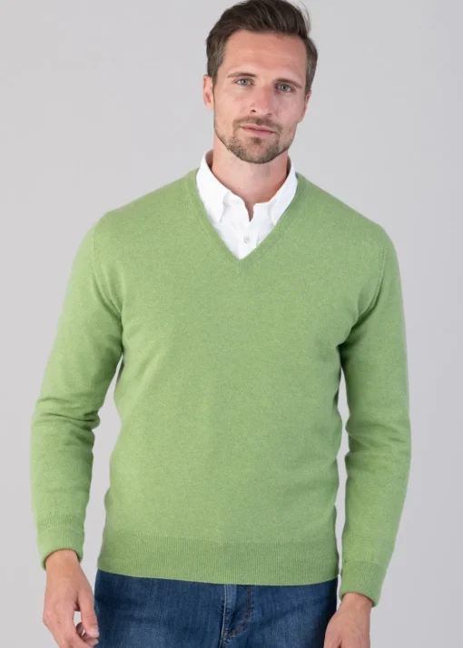 Oxton 1 Ply Cashmere V-Neck - Foliage