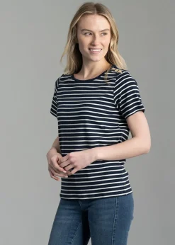 Padstow Crew Neck T-Shirt - Ink Navy and Natural Stripe