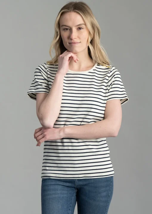 Padstow Crew Neck T-Shirt - Natural and Ink Navy Stripe