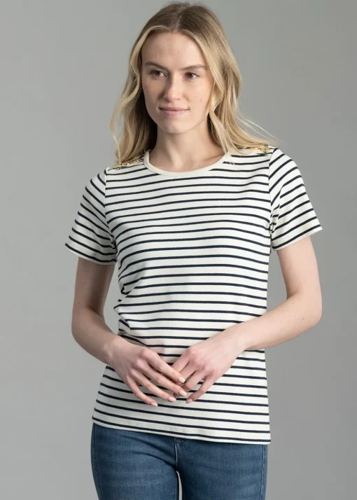 Padstow Crew Neck T-Shirt - Natural and Ink Navy Stripe