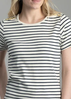 Padstow Crew Neck T-Shirt - Natural and Ink Navy Stripe