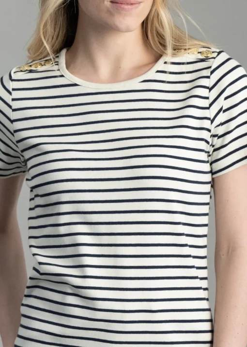 Padstow Crew Neck T-Shirt - Natural and Ink Navy Stripe