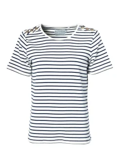 Padstow Crew Neck T-Shirt - Natural and Ink Navy Stripe