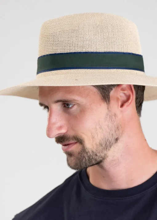 Porth Panama Hat - Navy and Green Stripe