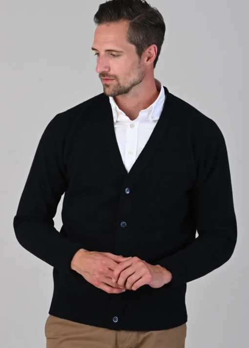Rob 2 Ply Lambswool Cardigan - Navy