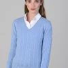 Sophia Cashmere Cable Vee Neck - Hyacinth