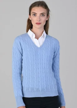 Sophia Cashmere Cable Vee Neck - Hyacinth