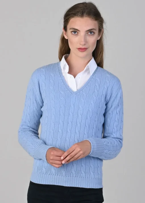 Sophia Cashmere Cable Vee Neck - Hyacinth