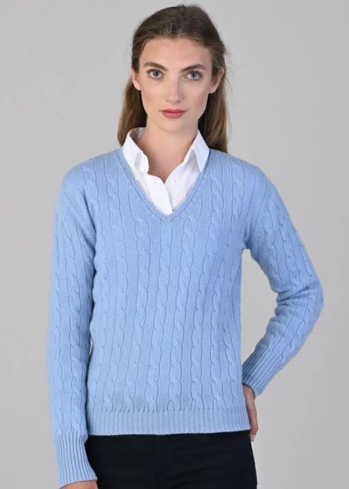 Sophia Cashmere Cable Vee Neck - Hyacinth